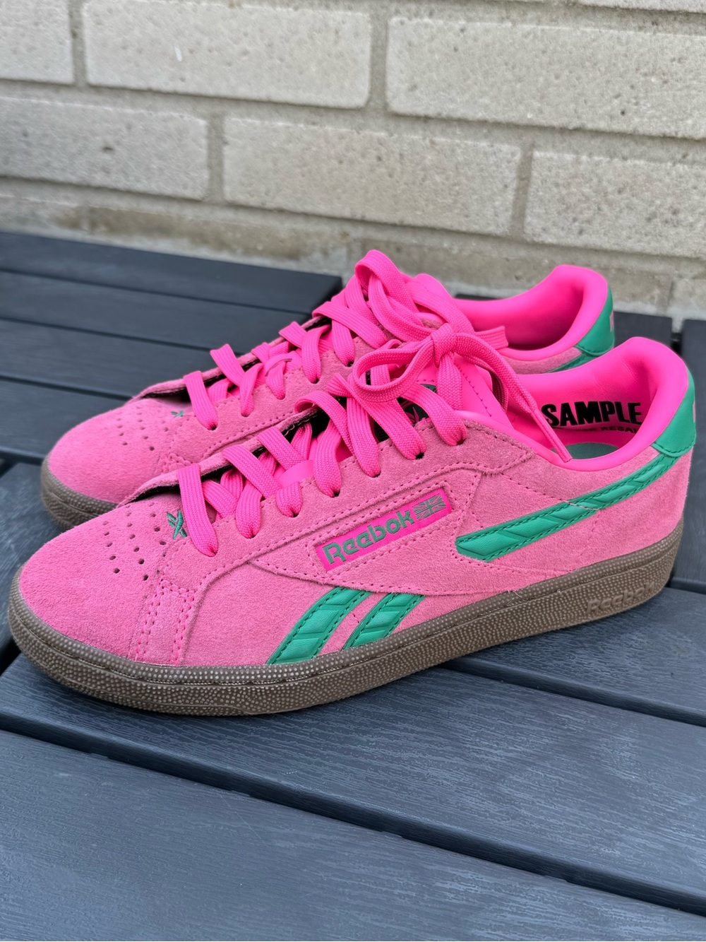 Reebok Neon Pink Suede Sneakers with Green Trim size 7